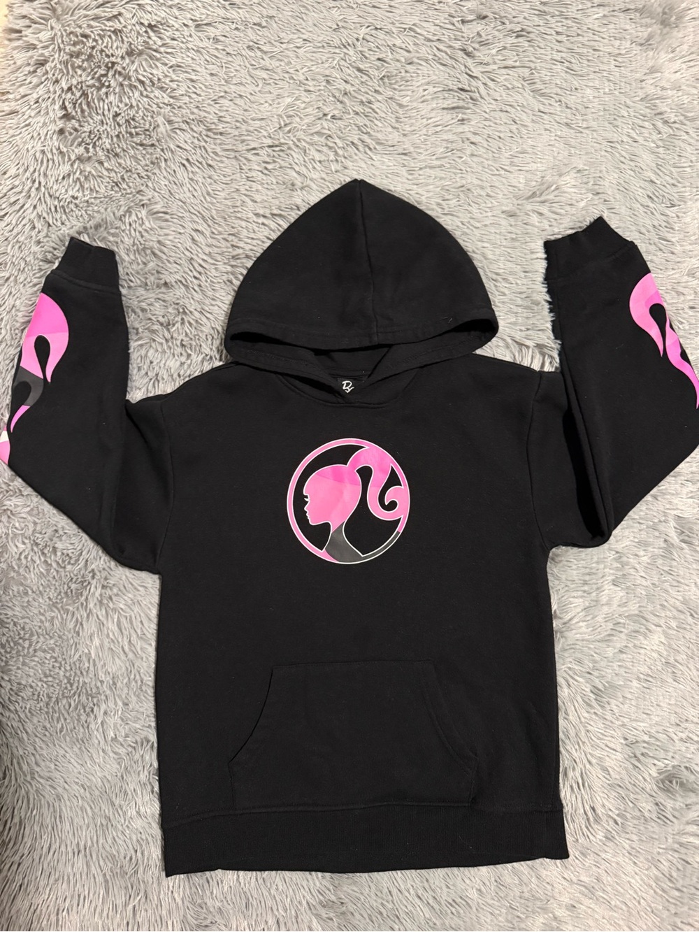 Barbie Black Hoodie with Pink Logo and Sleeve Flames